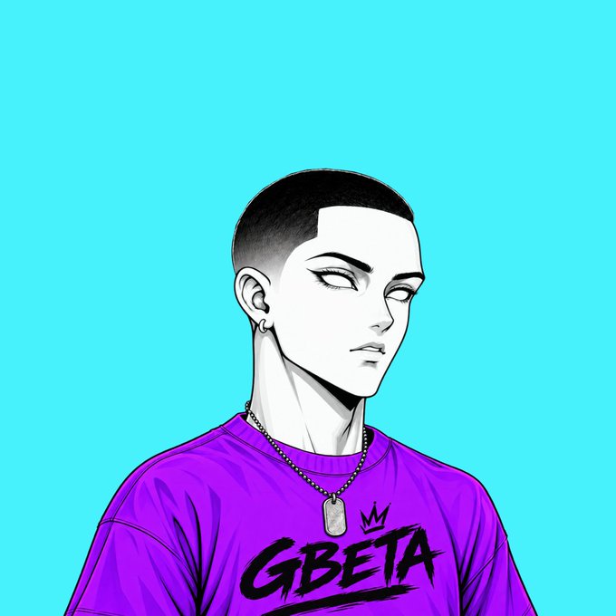 A digital illustration of a person with short dark hair, wearing a purple shirt labeled 'GBETA' and a chain necklace with a dog tag pendant, set against a teal background.