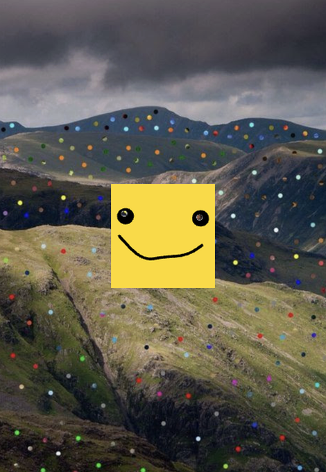 A yellow square with a simple smiley face is superimposed over a mountain landscape scattered with colorful dot patterns.
