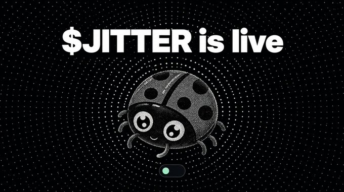 A black promotional graphic announces "$JITTER is live" in bold white text, featuring a cartoon ladybug character on a dotted radial background with a green toggle switch below.