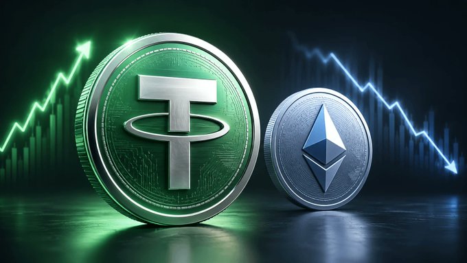 A green Tether (USDT) coin with an upward arrow sits beside a silver Ethereum (ETH) coin with a downward trend line, visually representing Tether surpassing Ethereum in market cap as ETH drops to a yearly low near $1,510 while USDT holds steady around $186 billion.