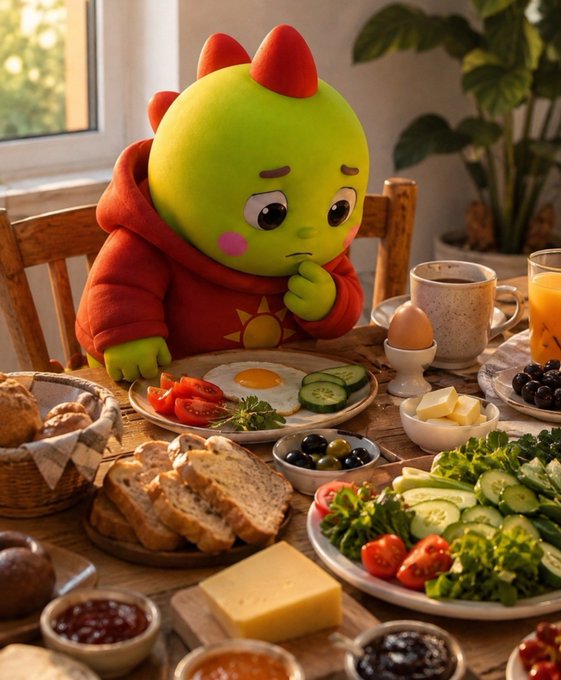 A green cartoon character with red horns wearing a red hoodie sits at a table with a concerned expression, surrounded by a full breakfast spread.
