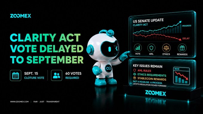 A promotional graphic from ZOOMEX displays the headline 'CLARITY ACT VOTE DELAYED TO SEPTEMBER' alongside a futuristic robot mascot, noting a Sept. 15 closure vote requiring 60 votes, with charts showing progress and delay trends plus key issues like AML rules and stablecoin rewards.