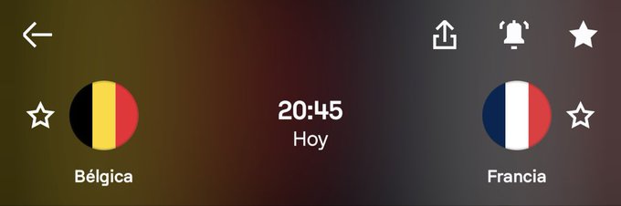 A match notification screen in Spanish showing a game between Bélgica (Belgium) and Francia (France), with a countdown timer at '20:45 Hoy' (Today).