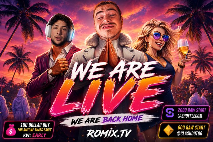A vibrant livestream thumbnail features three figures in tropical attire—two men and a blonde woman holding champagne—against a sunset palm tree backdrop, with the central figure in a fur-collared coat holding his hands in prayer. Bold text reads "WE ARE LIVE," "WE ARE BACK HOME," and "ROMIX.TV," promoting a stream on kick.com/romix with details about a $100 early-bird giveaway and crypto listings for $SHUFFLECOM (2000 RAW start) and $CLASHDOTGG (600 RAW start).