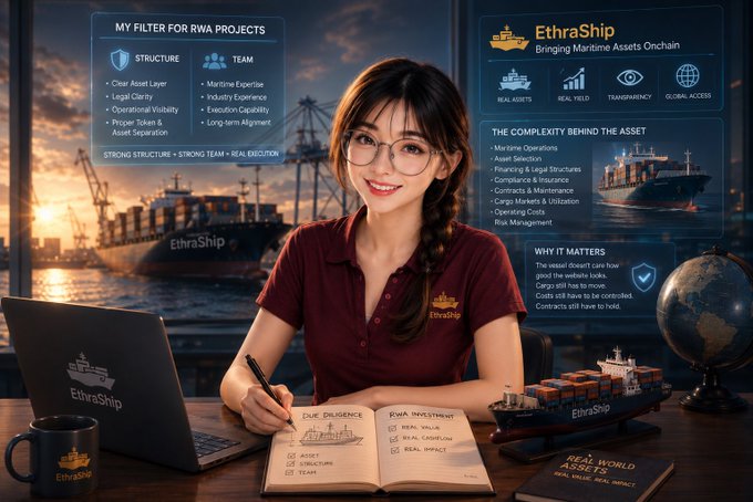 A promotional image features an illustrated woman at a desk with notes about 'EthraShip', which is described as 'Bringing Maritime Assets Onchain' for Real World Assets.