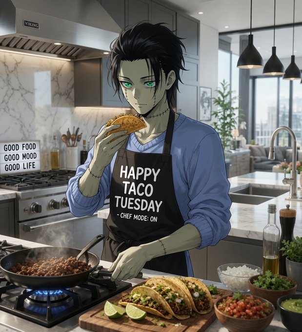 An anime-style character with green eyes and stitched features cooks tacos in a kitchen, wearing an apron that reads 'HAPPY TACO TUESDAY - CHEF MODE: ON', with a sign in the background saying 'GOOD FOOD GOOD MOOD GOOD LIFE'.