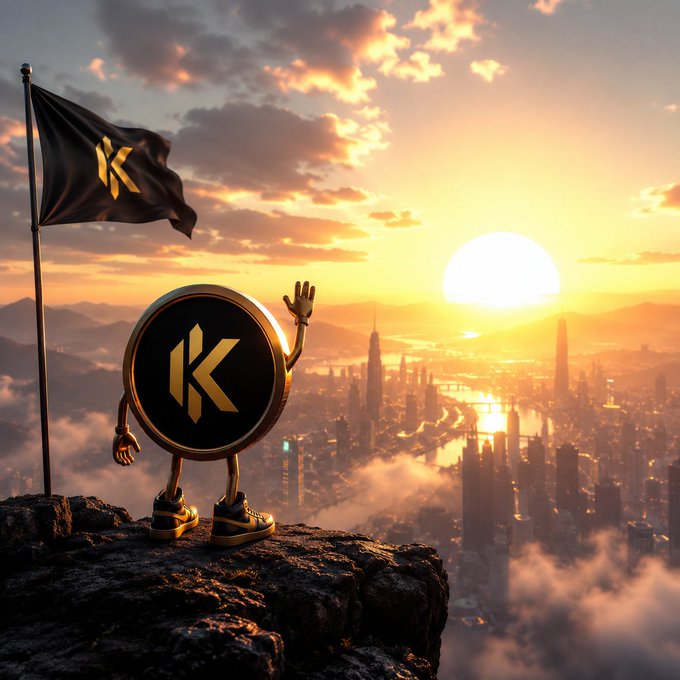 A 3D-rendered mascot coin character wearing sneakers and waving, standing on a rocky cliff with a flag, overlooking a futuristic city skyline at sunset.