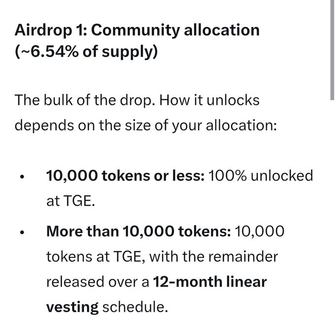 The image outlines the **Airdrop 1: Community allocation (~6.54% of supply)** for the $ALIGN token by @alignedlayer, detailing its vesting schedule: allocations of **10,000 tokens or less** are **100% unlocked at TGE**, while allocations **exceeding 10,000 tokens** receive **10,000 tokens at TGE** with the remainder released over a **12-month linear vesting** period.