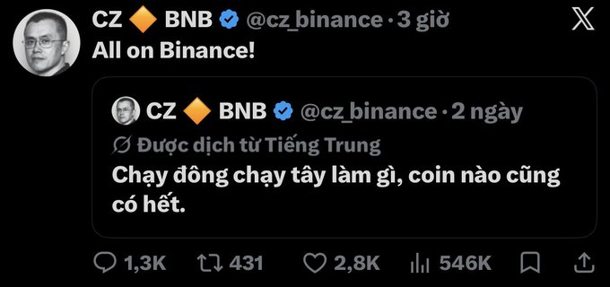 A screenshot of an X post by CZ (cz_binance) quoting an earlier post that reads "All on Binance!" with the quoted tweet translated from Chinese stating "Chay dòng chay tậy làm gì, coin nào cũng có hết," showing 1.3K replies, 431 retweets, and 2.8K likes.