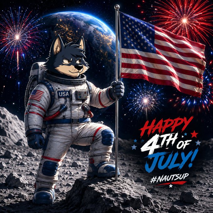 An astronaut wolf character wearing a USA patch plants an American flag on the moon with Earth and fireworks in the background, accompanied by text reading "Happy 4th of July! #NAUTSUP"—visually celebrating American Independence Day in line with the post's festive wishes for the pack.