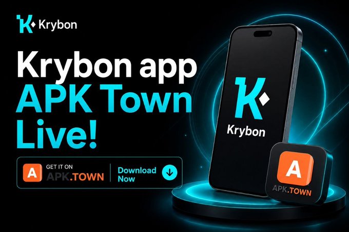 Promotional graphic featuring the Krybon logo on a smartphone screen with the headline "Krybon app APK Town Live!" alongside "GET IT ON APK.TOWN" and "Download Now" buttons, announcing the Krybon app's availability for download on APK Town.