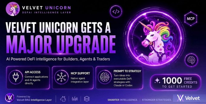 Promotional graphic for Velvet Unicorn's major upgrade, highlighting its AI-powered DeFi intelligence features including API access, MCP support, and prompt-to-strategy functionality, with an offer of 1,000 free credits to get started. The bold purple design features a glowing unicorn mascot and directly illustrates the post's announcement about new AI agent integration tools and executable DeFi strategy capabilities.