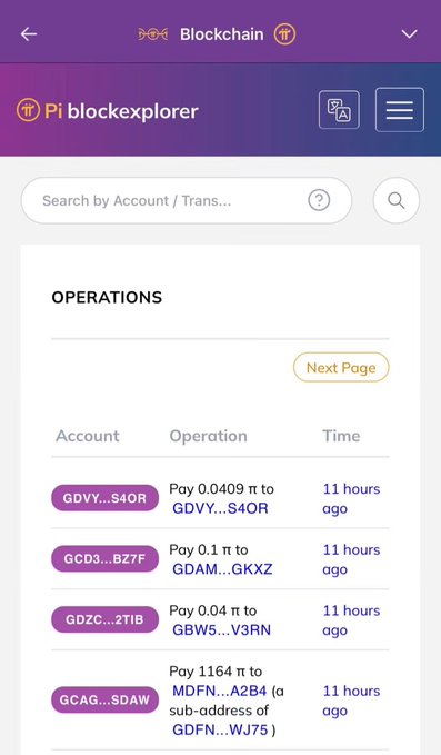 A screenshot of the Pi blockchain explorer showing the Operations page with multiple transactions (such as "Pay 0.0409 π to GDVY...S4OR" and "Pay 0.1 π to GDAM...GKXZ") all timestamped "11 hours ago," with no newer transactions displayed—visually confirming the post's claim that Pi transactions have been paused for over 10 hours.