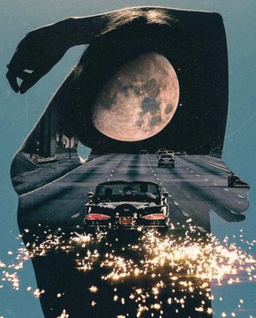 A surreal collage featuring a silhouetted figure, a large moon, a highway with cars, and a DeLorean with sparks flying beneath it.