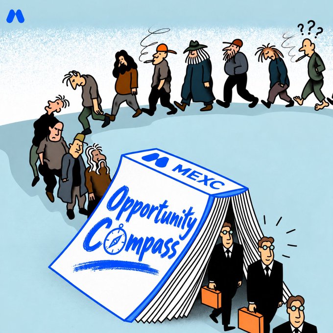 A cartoon illustration shows a line of diverse, confused-looking people walking past a large book labeled 'MEXC Opportunity Compass,' with well-dressed businessmen in suits and briefcases emerging from its pages.