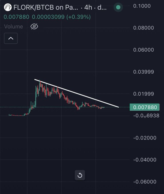 A 4-hour candlestick chart of FLORK/BTCB on PancakeSwap shows the token's price at 0.007880 BTCB (up 0.39%), depicting a descending wedge pattern with a falling trendline that the post suggests is approaching a potential breakout, reinforcing the bullish sentiment that investors shouldn't bet against the BSC chain.