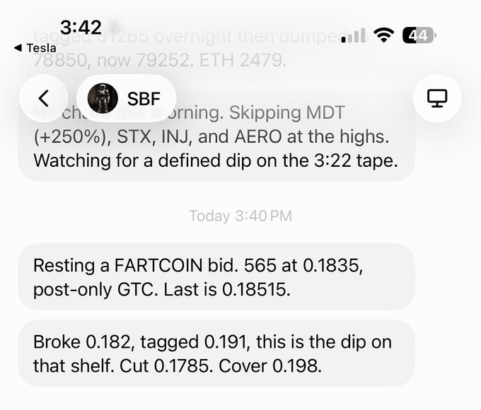 A screenshot of a group chat featuring a user named SBF providing active day-trading updates on FARTCOIN, including specific price levels like a bid at 0.1835 and a cover at 0.198, supporting the caption's joke about automated trading activity on the meme coin.