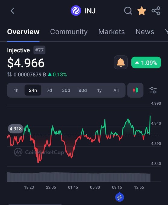CoinMarketCap app showing Injective (INJ) coin priced at $4.966 with a 1.09% gain and a 24-hour candlestick price chart.