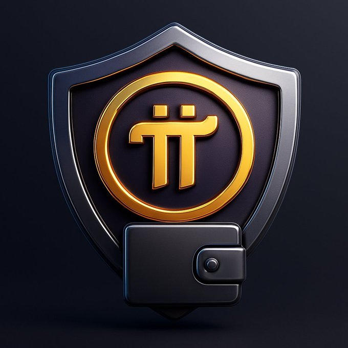A metallic shield emblem features a prominent gold Pi Network (π) logo encircled in gold, paired with a black leather wallet at the base against a dark background—symbolizing protection of cryptocurrency assets. The imagery reinforces the "Safeguard your wallet" message by visually representing Pi token security and wallet safety.