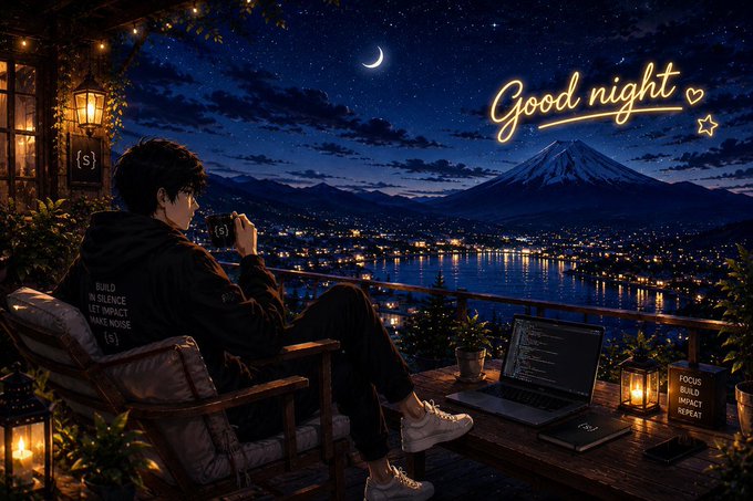 iced tea and a laptop are present on a balcony, with the words "Good night" displayed above them against a dark blue sky backdrop.