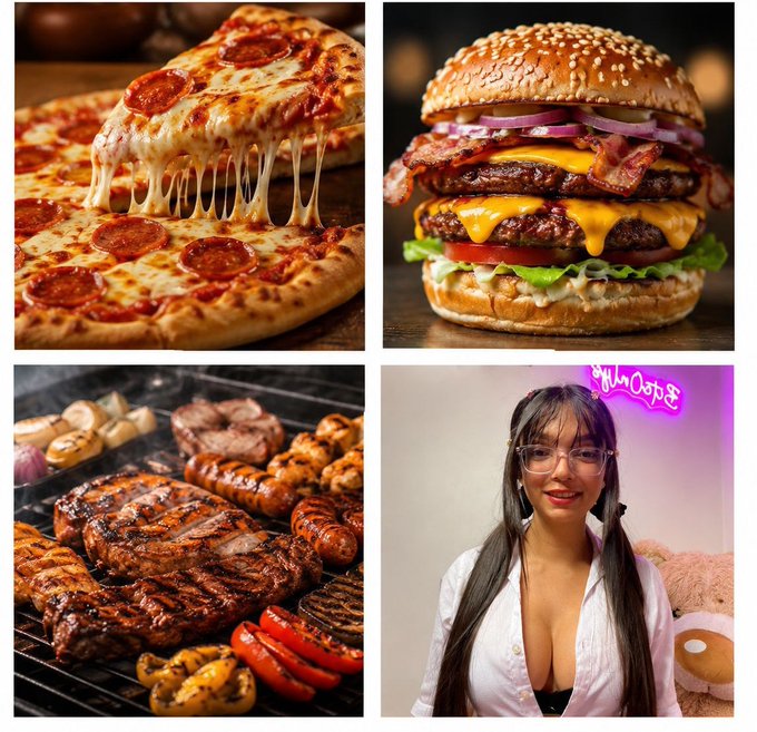 A four-panel collage showing pepperoni pizza, a bacon cheeseburger, grilled meats and vegetables on a barbecue, and a young woman with glasses and a teddy bear.