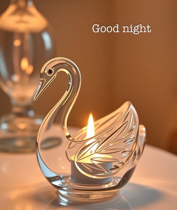 A glass swan-shaped candle holder with a lit tea light, with the text 'Good night' on a warm-toned background.