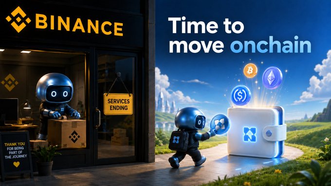 A split promotional image for Binance showing a robot closing a 'SERVICES ENDING' shop on the left and the text 'Time to move onchain' with the same robot heading toward a glowing wallet surrounded by crypto coin symbols on the right.