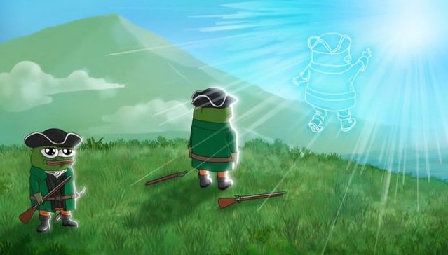 An animated scene shows green cartoon frog-like characters in colonial-era clothing standing in a grassy field with a mountain background; one wears sunglasses facing a glowing translucent spirit figure in the sky, while two muskets lie on the ground.