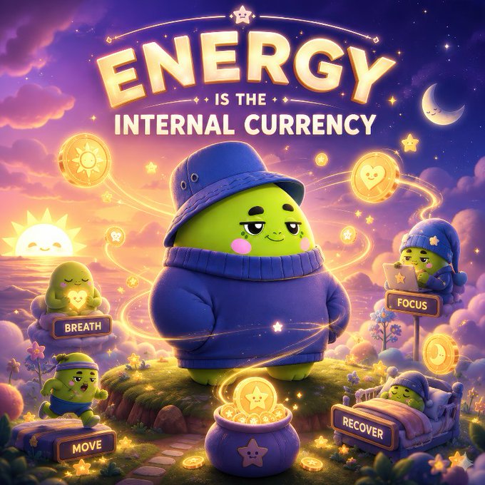 A whimsical digital illustration featuring a green character in a blue hat with the text 'ENERGY IS THE INTERNAL CURRENCY', surrounded by floating icons for 'BREATH', 'MOVE', 'FOCUS', and 'RECOVER'.