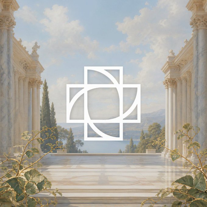A classical architectural scene with marble columns framing a view of the sea and mountains, with a geometric logo overlaid in the center.