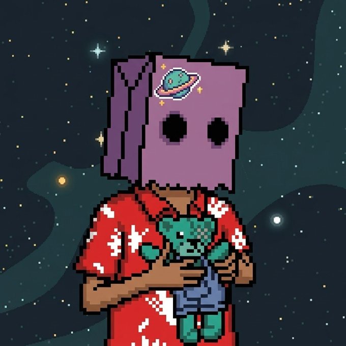 Pixel art depicts a figure with a purple alien-like head, planet sticker, and red floral shirt holding a small green alien creature against a starry space background.