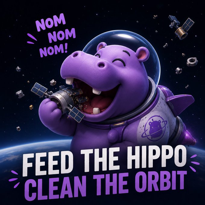 The image features a cartoon hippopotamus wearing an astronaut suit, holding a satellite dish with its mouth open wide as if it's eating something out of space. The text in the image encourages people to feed the hungry hippo by visiting hungryhippospace.com and providing GLUPs (Global Space Junk Removal) for every piece of space debris that gets eaten. This will help clean up the orbit, ensuring a safer environment for future missions.