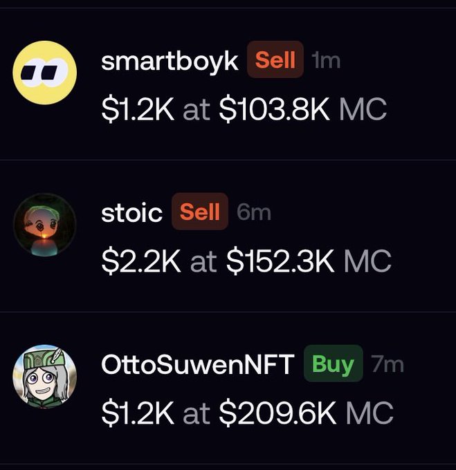 A screenshot of cryptocurrency trading transactions, including sells by 'smartboyk' ($1.2K at $103.8K MC) and 'stoic' ($2.2K at $152.3K MC), and a buy by 'OttoSuwenNFT' ($1.2K at $209.6K MC).