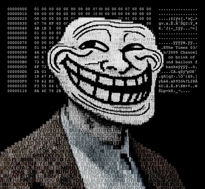 A classic Trollface meme is overlaid on a hex dump background showing readable text referencing the 2009 Channel 4 News segment about banks "bailing out banksyy" and the Times article dated 03/2009, used to humorously suggest that history repeats itself with $TROLL on Bitcoin.