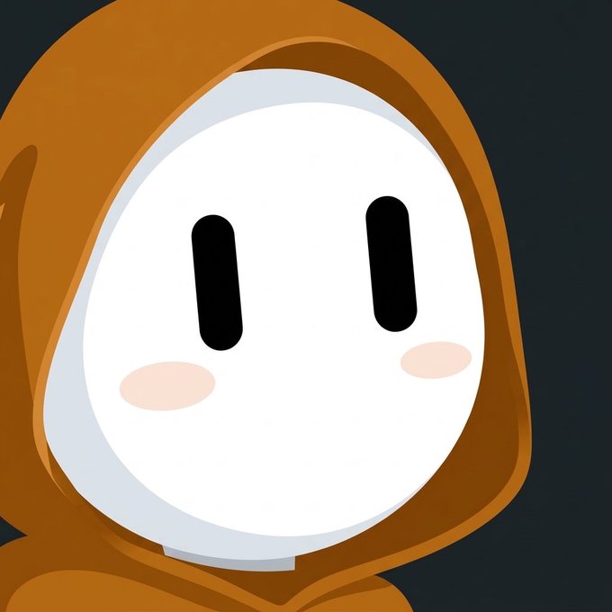 A cute, round white cartoon character wearing a brown hooded robe with simple dot eyes and blushing cheeks gives a blank, minimal expression in reply to "hey @bot."