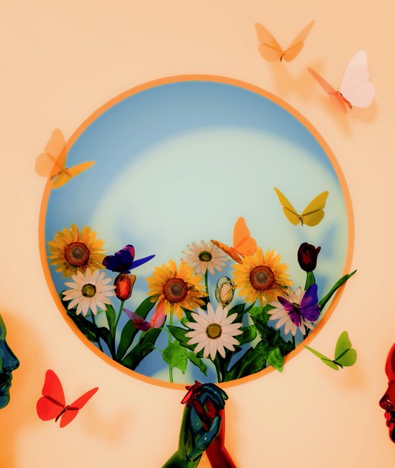 A creative paper-craft style image shows colorful flowers and butterflies arranged in a circular mirror frame held by a painted hand against a peach background.