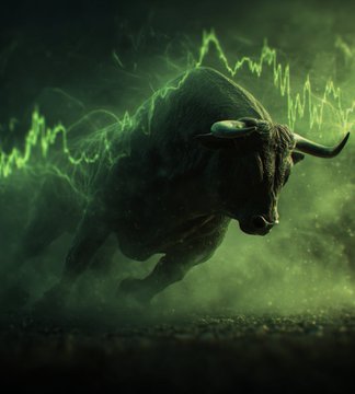 A powerful bull charges forward through a green-hued, smoky atmosphere with stock chart line patterns swirling in the background, symbolizing the resurgence of bullish momentum in the market as U.S. spot Bitcoin ETFs attracted $1.92B (≈28,690 BTC) last week.