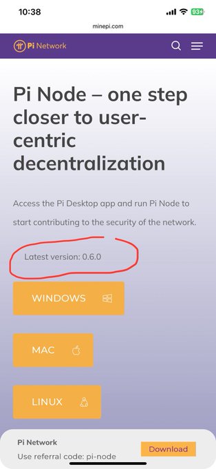 A screenshot of the Pi Network's "Pi Node" download page showing the latest version is 0.6.0, with download options for Windows, Mac, and Linux, confirming the announced update to version 0.6.0 mentioned in the PCT announcement.