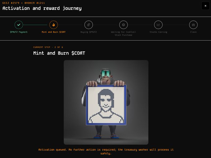 A dark-themed crypto wallet interface titled 'Activation and reward journey' showing a 6-step progress tracker with 'SZNUTZ Payment' completed and 'Mint and Burn $COAT' as the current step 2 of 6, featuring a monkey mascot holding a pixel art portrait.