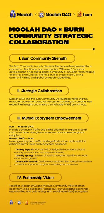 The image is a collaborative announcement infographic between **Moolah**, **Moolah DAO**, and **Burn Community**, titled "**MOOLAH DAO × BURN COMMUNITY STRATEGIC COLLABORATION**," outlining four key pillars: Burn Community Strength, Strategic Collaboration, Mutual Ecosystem Empowerment (with a 10% treasury support allocation), and Partnership Vision.

It ties into the post by visually demonstrating the Burn Community's daily commitment to decentralization through a formal partnership, showcasing real-world ecosystem expansion and cross-chain collaboration as tangible proof of their principles in action.