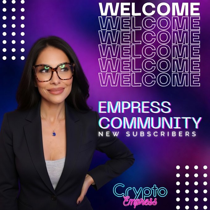 A confident woman in a black blazer and tortoiseshell glasses poses against a vibrant purple background beside stacked "WELCOME" text, with the image branding "Empress Community New Subscribers" and the "Crypto Empress" logo at the bottom—visually celebrating the new subscriber announcement for @soulyvain.