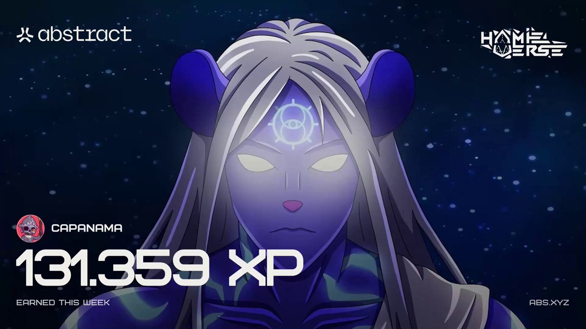 The image features a poster with an anime character, specifically a female character with long hair wearing a white headband. The character has blue eyes and a face painted like a mask. The background of the poster is dark blue, giving the impression that they are in outer space or a starry night sky. The poster also includes text that reads "Gm Happy XP Day @AbstractChain".