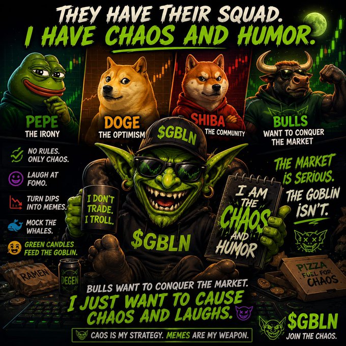 A meme-style promotional poster for $GBLN cryptocurrency featuring a goblin character surrounded by meme mascots Pepe, Doge, and Shiba, with text reading 'THEY HAVE THEIR SQUAD. I HAVE CHAOS AND HUMOR.' and slogans like 'CHAOS IS MY STRATEGY. MEMES ARE MY WEAPON.'
