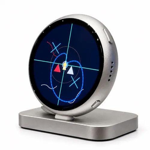 A smartwatch-style device with a metallic silver case displayed on a stand, showing an abstract digital interface with geometric shapes and lines on its screen.