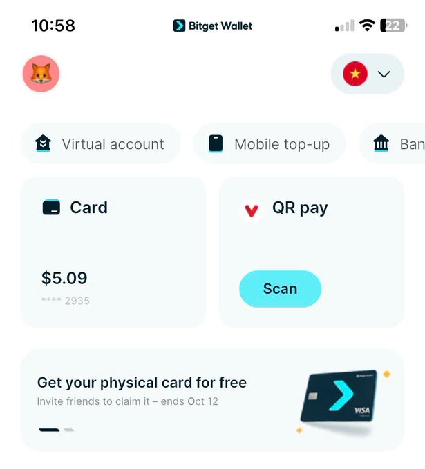 A screenshot of the Bitget Wallet app showing a card balance of $5.09, QR pay option with a Scan button, and a promotion to 'Get your physical card for free' for a Bitget Visa card.