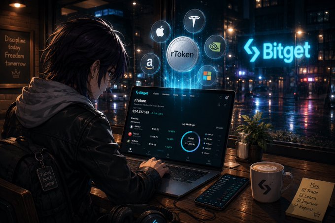 The image depicts a user interacting with the rToken platform on a laptop, displaying tokenized equities from companies like Apple, Amazon, Tesla, Nvidia, and Microsoft, alongside the Bitget logo. This visual represents the user's new experience with tokenized equities, aligning with the post's sentiment of familiar integration into traditional investing.