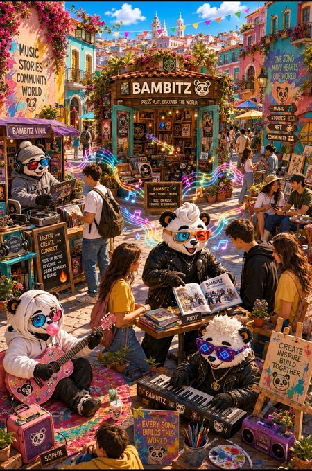 A colorful digital illustration depicts a vibrant 'BAMBITZ' music plaza with panda-themed characters playing instruments and signs reading 'MUSIC STORIES COMMUNITY WORLD' and 'EVERY SONG BUILDS THIS WORLD'.