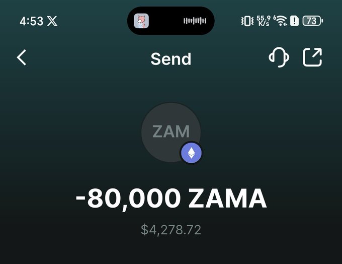 A mobile wallet screen displays a "Send" transaction of -80,000 ZAMA tokens valued at $4,278.72, supporting the post's claim of earning 80,000 ZAMA tokens from one month of work, now worth over $4,200.
