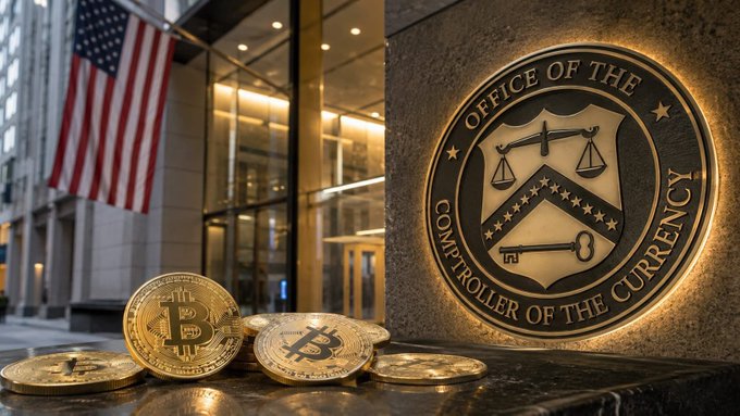 A split image showing Bitcoin coins in front of an American flag on the left, and the gold seal of the 'OFFICE OF THE COMPTROLLER OF THE CURRENCY' on the right.