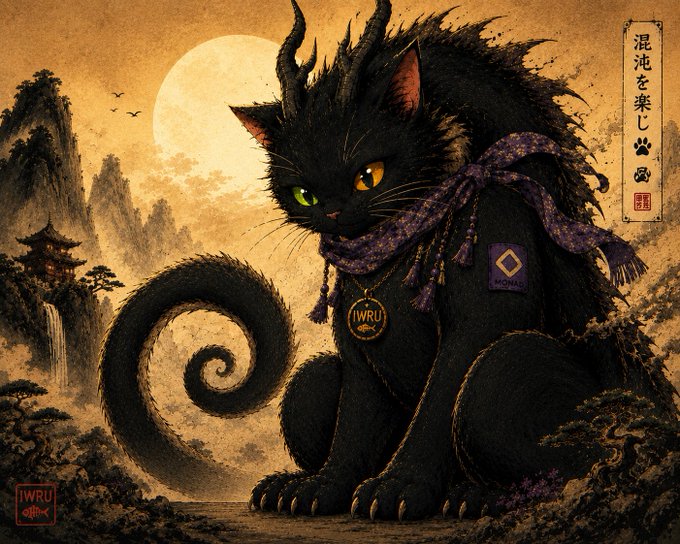 A mythical black cat with horns, glowing eyes, and a curled tail sits before a moonlit pagoda landscape, wearing a purple scarf and a gold "IWRU" medallion, with Japanese text reading "混沌を楽しむ" (embrace the chaos) on the side.

The image ties to the post's playful tone about overindulging in fish—the chubby, fluffy cat embodies the "strategic fluff" gained from yesterday's feast, while the "IWRU" medallion and hashtags (#IWRU, #Monad, #UnchainedLab, #Web3) frame it as a charming mascot for the crypto community's morning greeting.